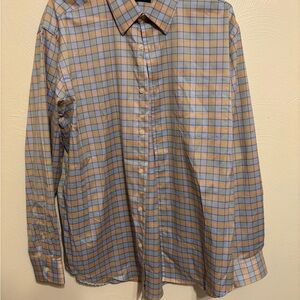 Kenneth Roberts Platinum Plaid Button Down Shirt Blue Orange 100% Cotton Mens L